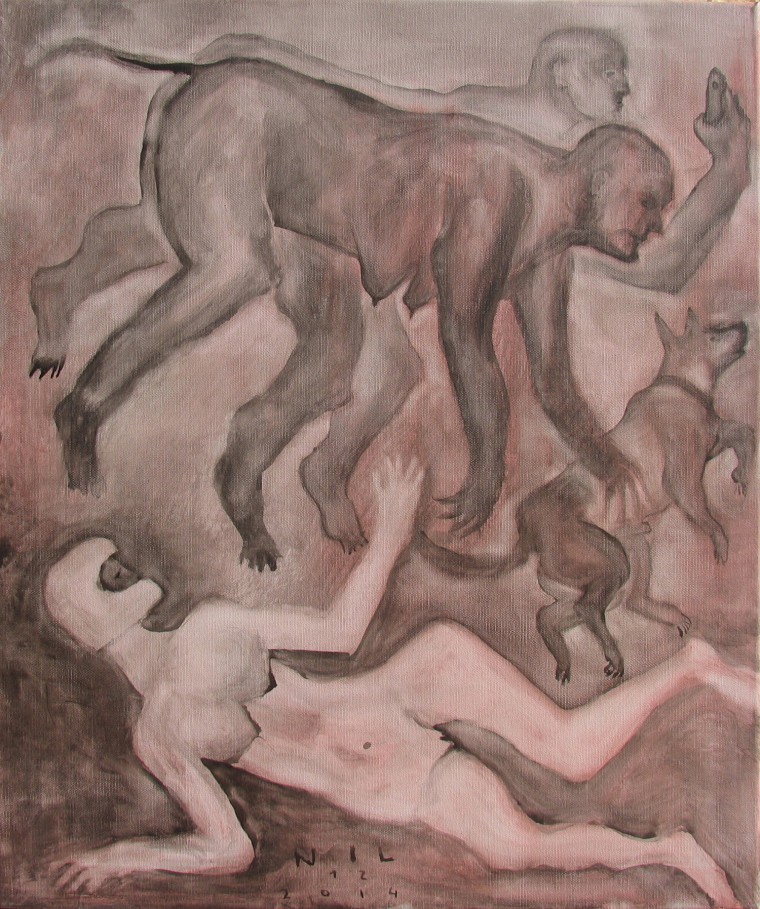 Contemporary painting. Mixed technique on canvas "Atrapat" en la historia 53,5x65